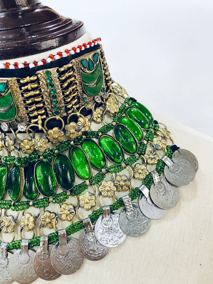 Green gemstone Afghan necklace – cultural jewellery on white coins