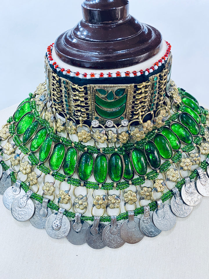 Afghan handmade necklace with green stones and gold details