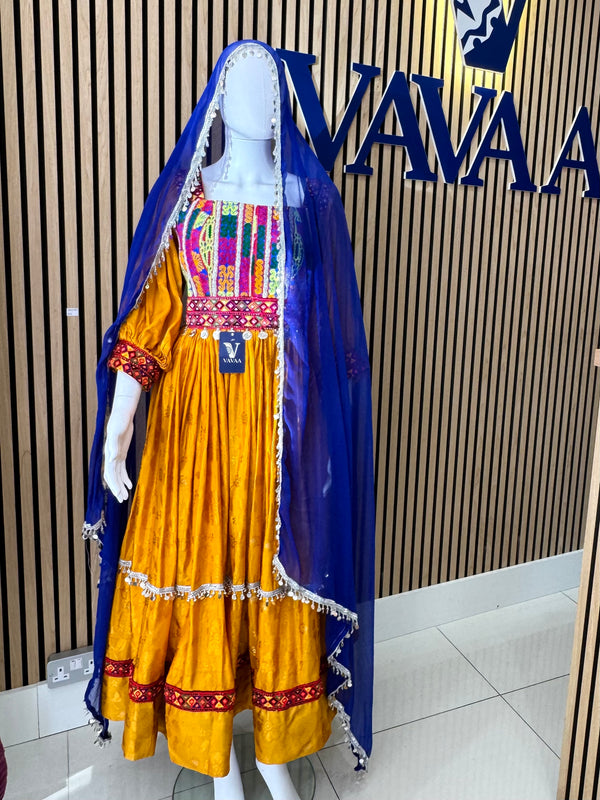 Afghan Kuchi Dress in Embroidered Orange & Blue for Weddings, Gifts & More | Vavaa Clothing UK