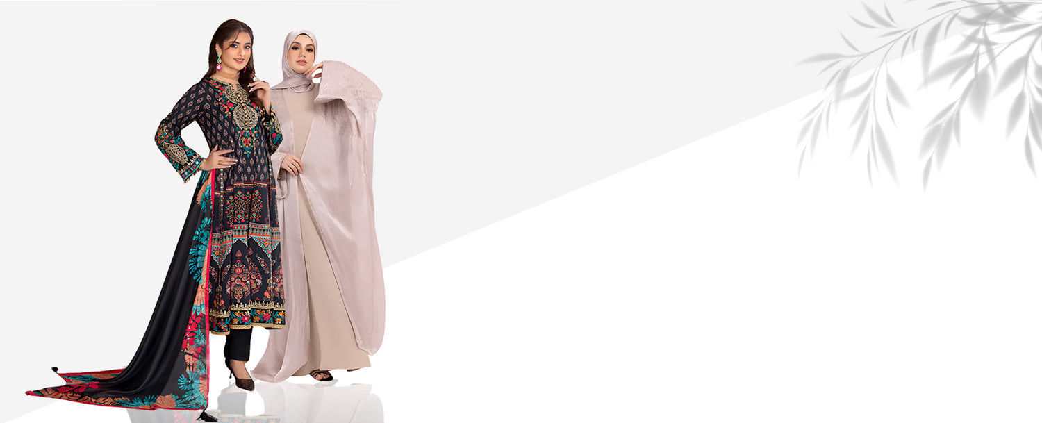 Two women in traditional outfits standing side by side on a white background with decorative elements.