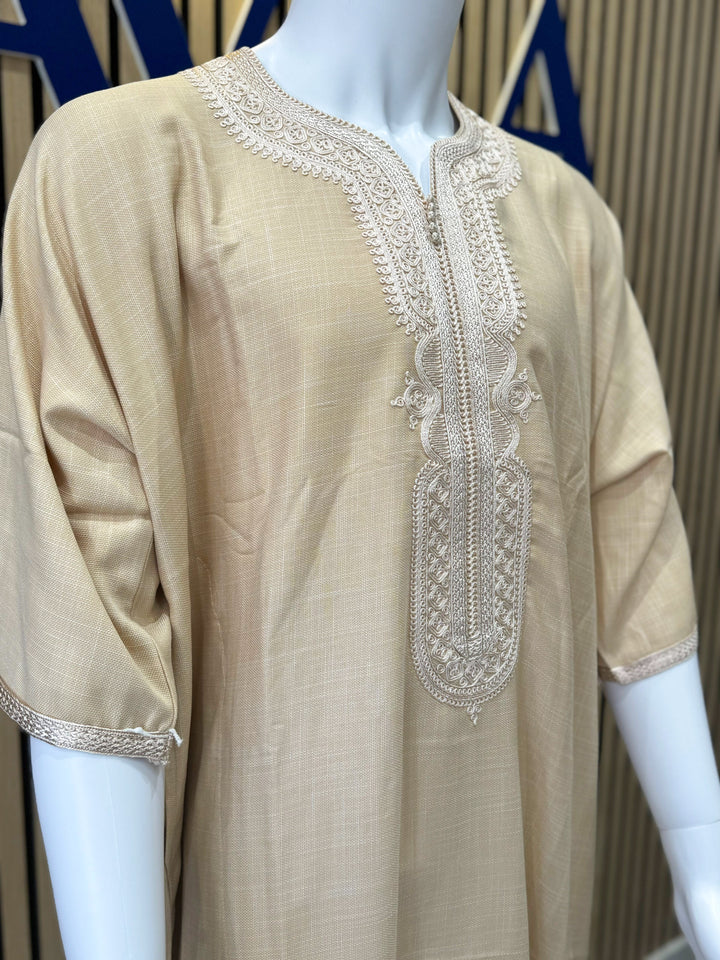 Light beige Moroccan thobe for men, long Muslim dress near me for Eid, Friday prayer, and special events – Vavaa UK Outlet.