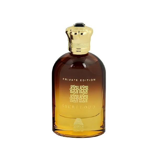 Perfume bottle with gold cap on a white background