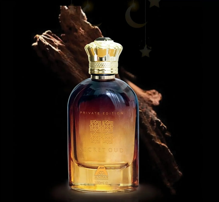 Bottle of Scented Oud with gold cap on a dark background