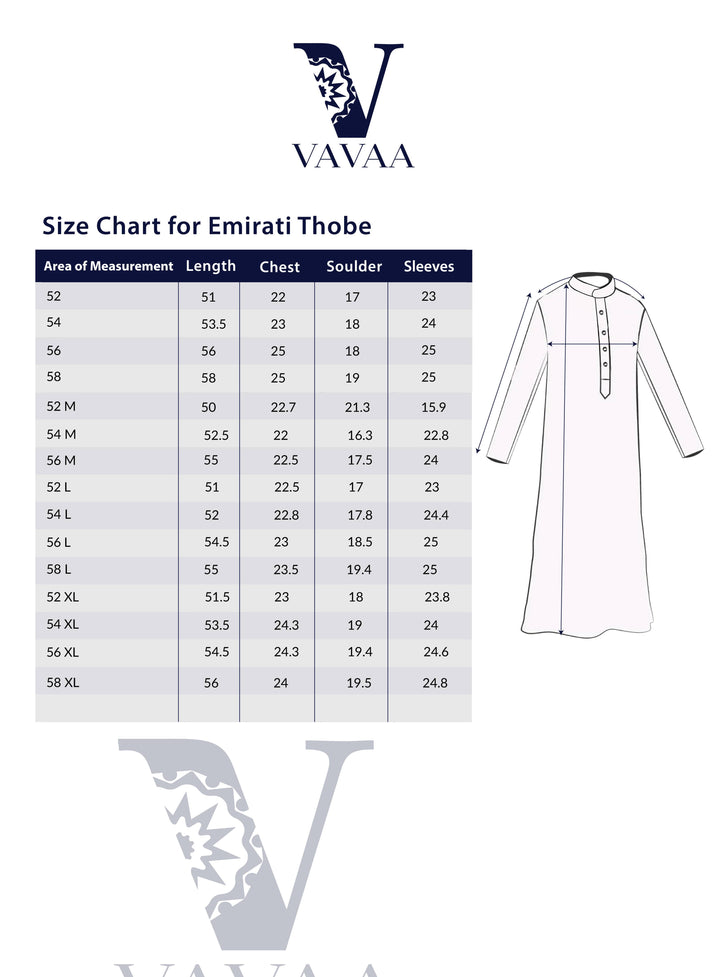 Size Chart of emirati thobe white color