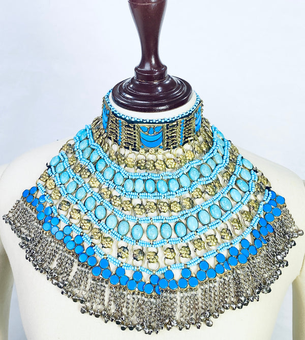 Discounted Afghani necklace near me in elegant blue and gold tones.