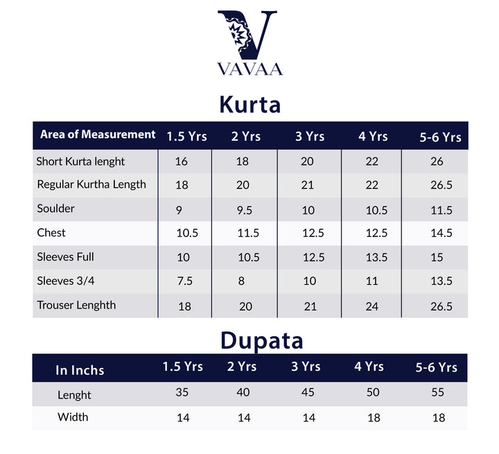 Size Chart for Orange ethnic dress for girls aged 1 to 6 years