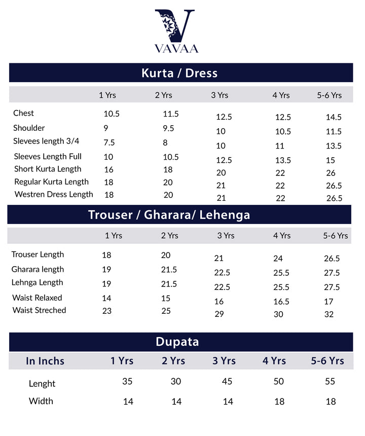 Size Chart for Printed Swiss lawn kurta and lehnga set for baby girls aged 1 to 6 years in uk .