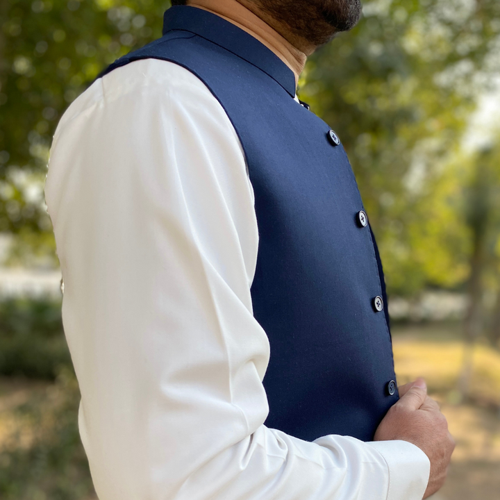 Affordable navy blue waistcoat on sale in London, perfect for formal and festive wear.