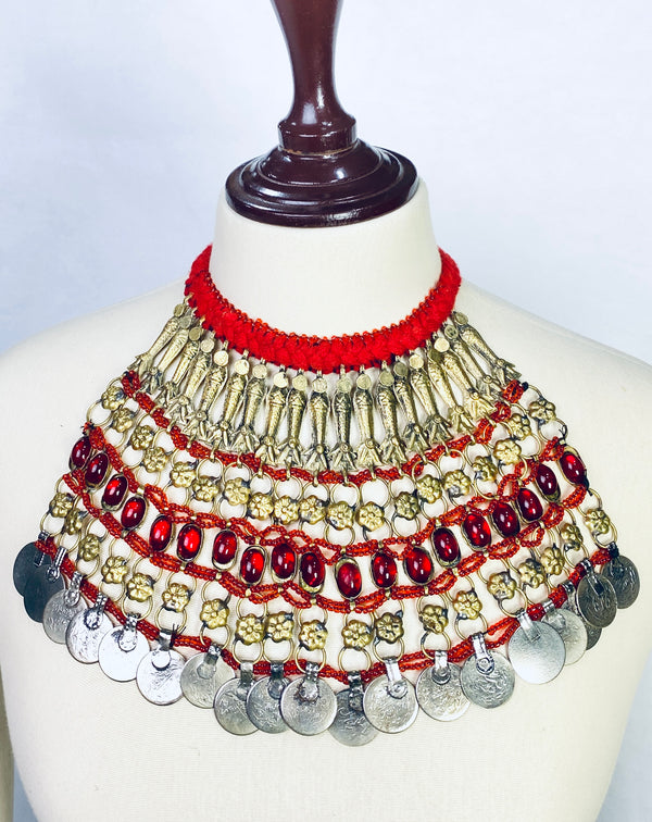 Luxury Afghani-style necklace with deep red gemstones near me.