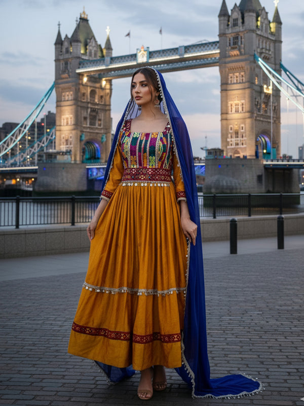 Afghan Kuchi Dress in Embroidered Orange & Blue for Weddings, Gifts & More | Vavaa Clothing UK