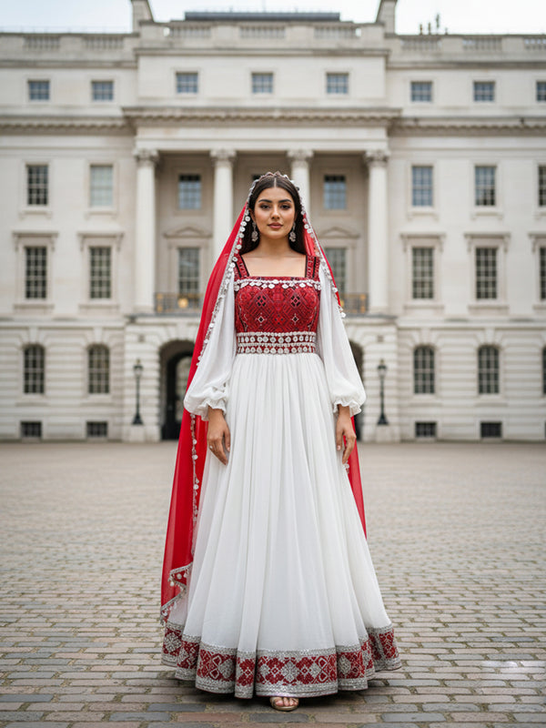 Afghan Kuchi Dress in Embroidered Red & White for Weddings, Gifts & More | Vavaa Clothing UK