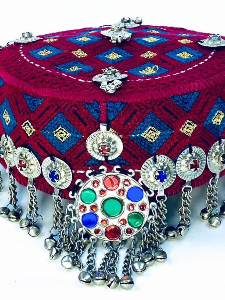 Traditional Kuchi cap with coins and colorful design Afghan hat from Vavaa UK