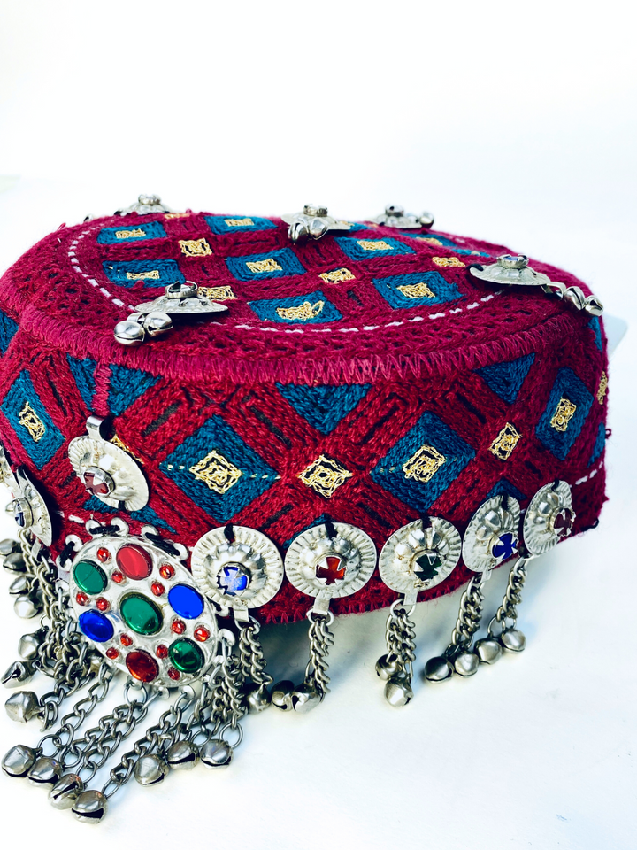 Afghan Kuchi Cap with antique coins and embroidery  cultural hat UK