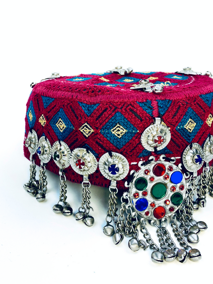 Traditional Afghan tribal Kuchi hat with central brooch and hanging chains  authentic Vavaa UK design