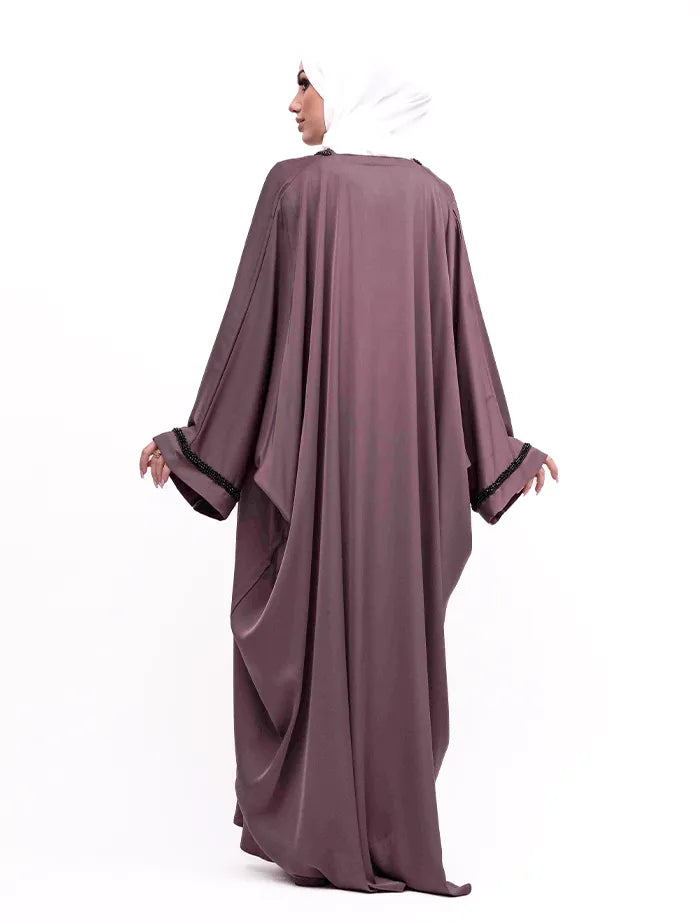 Hand-beaded Aleeza Abaya in maroon color from back trending Islamic clothing near me at Vavaa.
