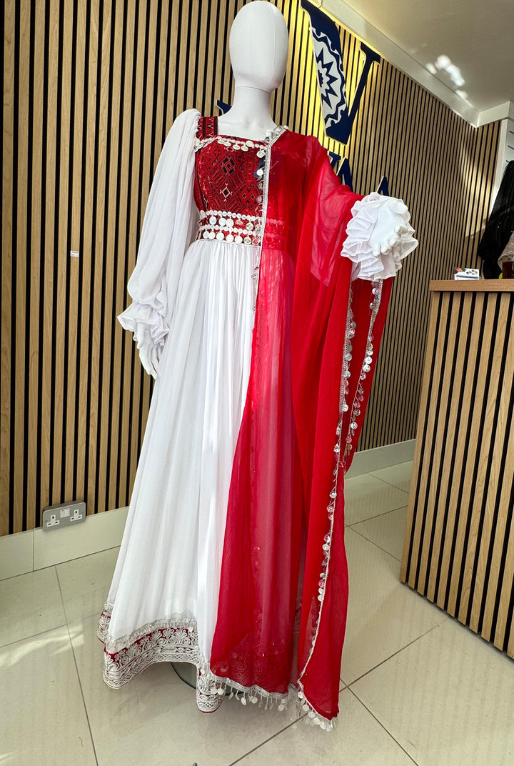 Afghan Kuchi Dress in Embroidered Red & White – Premium Afghan dress brand in London, located near me in Edgware and London.