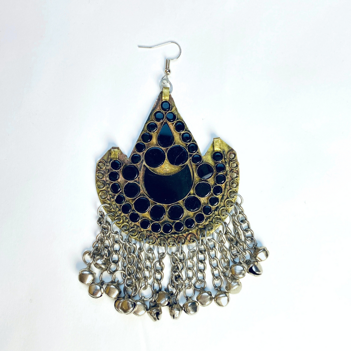 Decorative earring with black and gold design on a white background, stylish handmade jewellery available at Vavaa UK store near you, close by, local shop in the UK, perfect for parties, weddings, and special occasions.