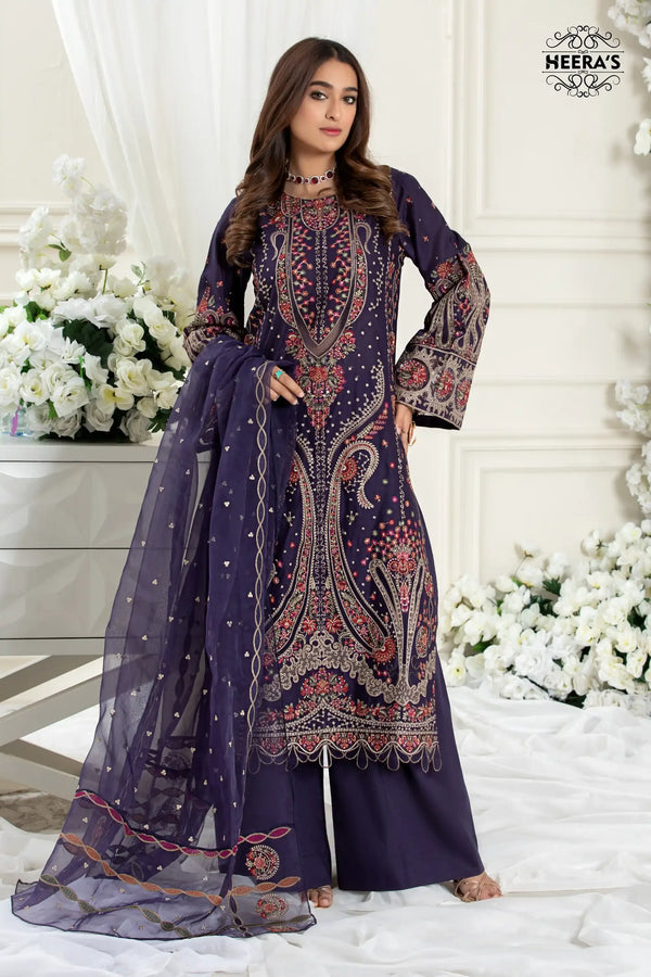 Luxury embroidered raw silk dress near me blue stitched 3 pcs winter outfit near me in UK.