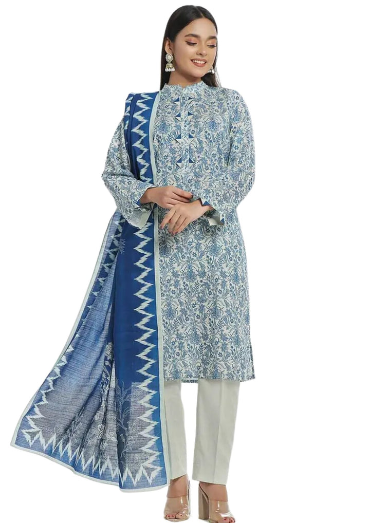 Blue and white khaddar suit near me for women 3 piece set available near me at Vavaa outlet in UK.