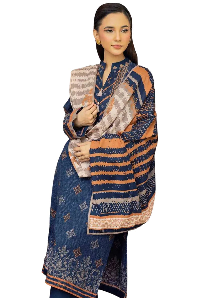 Winter unstitched khaddar suit in blue and orange  perfect for casual wear near me.