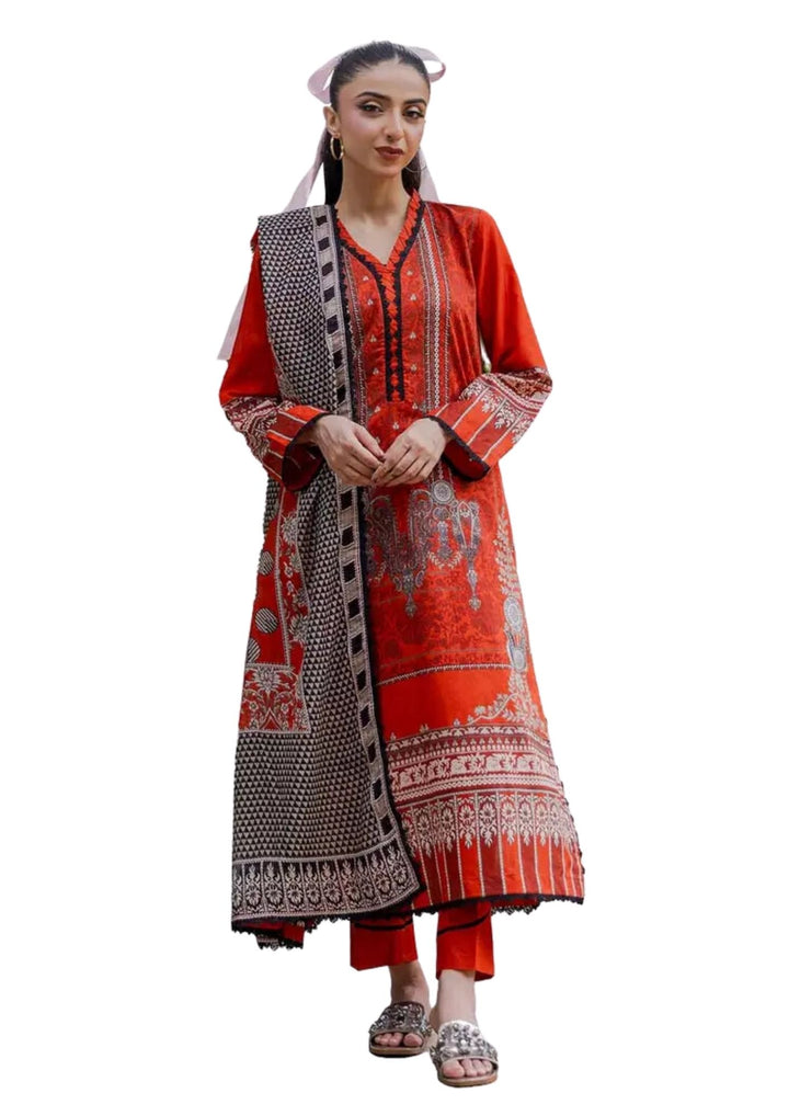Orange printed khaddar 3 piece suit near me for women shop near me at Vavaa outlet in UK.
