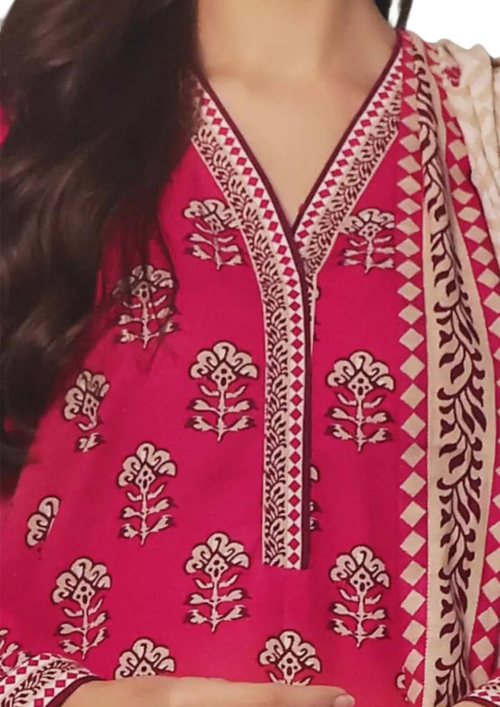 Khaddar 3-piece suit with red and beige print available now at Vavaa outlet UK.