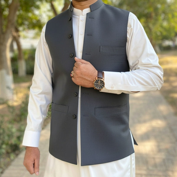 Dark grey waistcoat available in 11.11 sale near me at an affordable price from Vavaa Clothing.