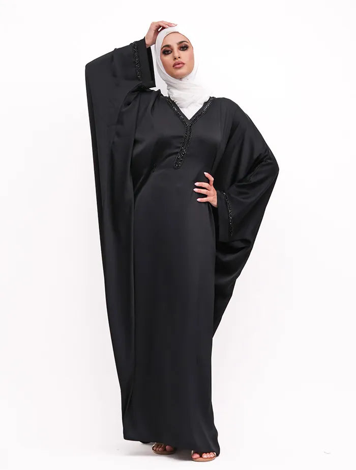 Hand beaded Aleeza black Abaya near me trending Islamic clothing near me at Vavaa.