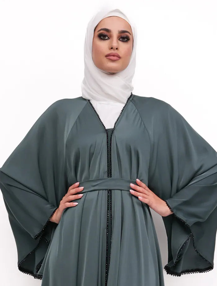 Navy blue satin open abaya near me with organza gold-trim cuffs and belt, modest style for weddings, Eid, and special events, available at Vavaa UK outlet near me.