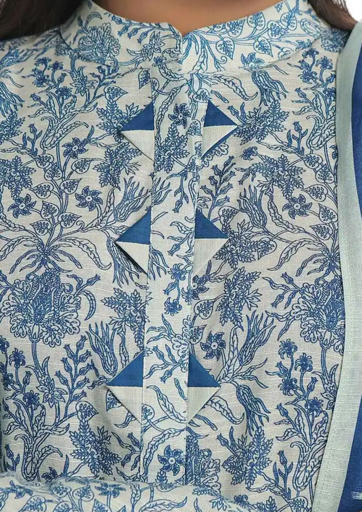 Printed blue khaddar outfit with white patterns buy 3-piece suits near you at Vavaa UK.