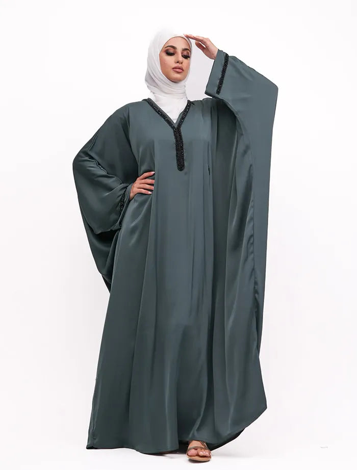 Casual abaya near me with luxury beading shop Aleeza Batwing Abaya in Edgware London.