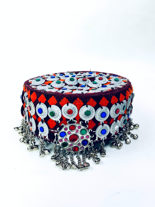 Afghan Traditional Kuchi Cap with colorful embroidery and silver coins – Vavaa UK tribal headwear