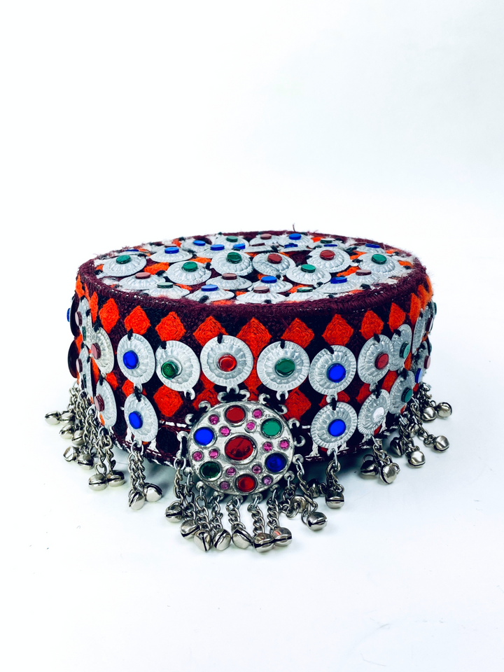 Afghan Traditional Kuchi Cap with colorful embroidery and silver coins – Vavaa UK tribal headwear