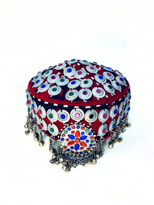 Colorful Kuchi Cap with silver coins – traditional Afghan headwear UK