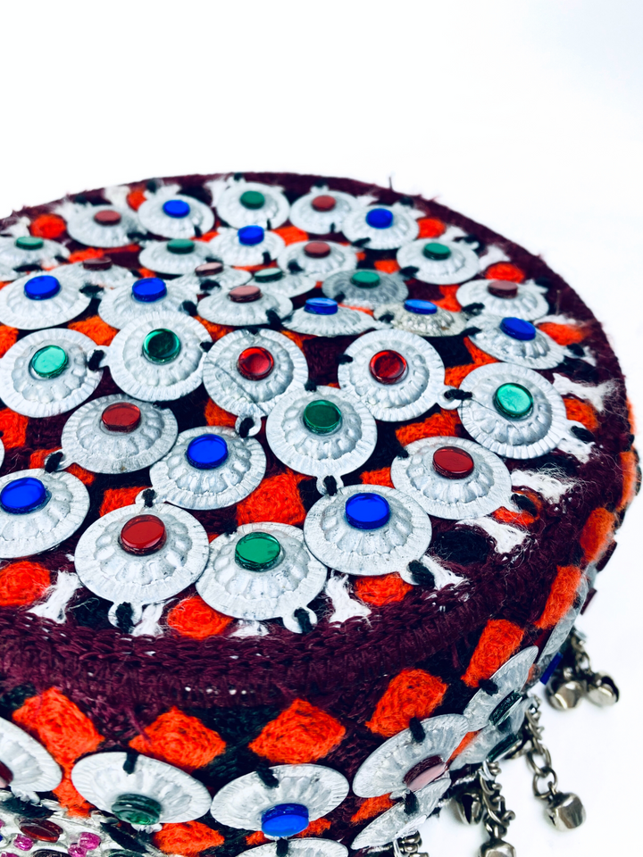 Handmade Afghan Kuchi Cap featuring antique embellishments and vibrant stones  Vavaa London