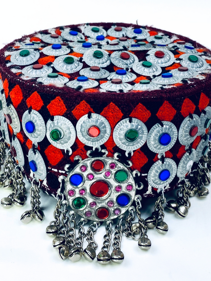 Traditional Afghan tribal Kuchi hat with central brooch and hanging chains – authentic Vavaa UK design