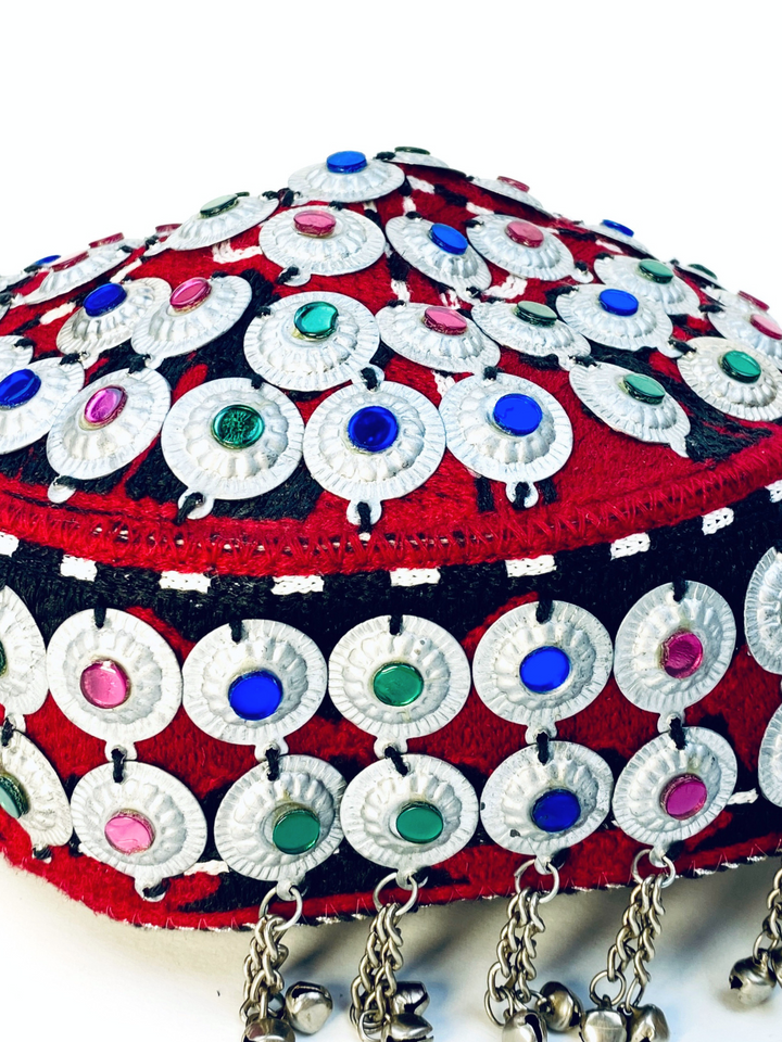 Afghan Kuchi Cap with antique coins and embroidery cultural hat UK