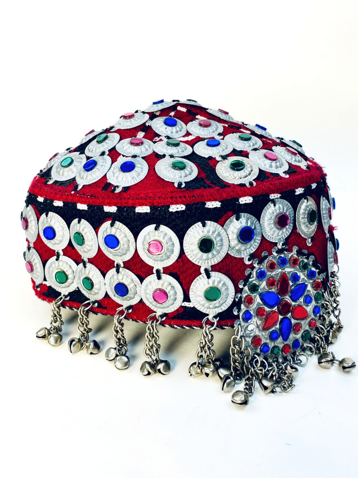 Afghan Kuchi Cap with colorful embroidery and coins – handmade in UK by Vavaa