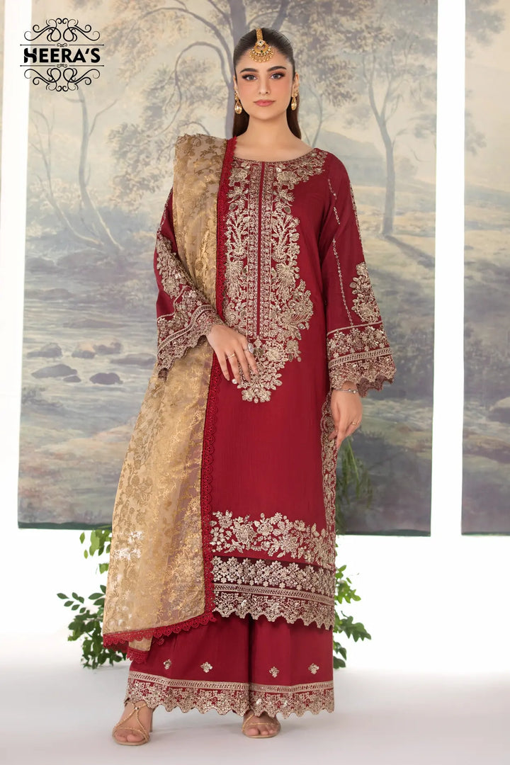 red stitched winter dress with sequin work and lace dupatta near me at Vavaa UK store.