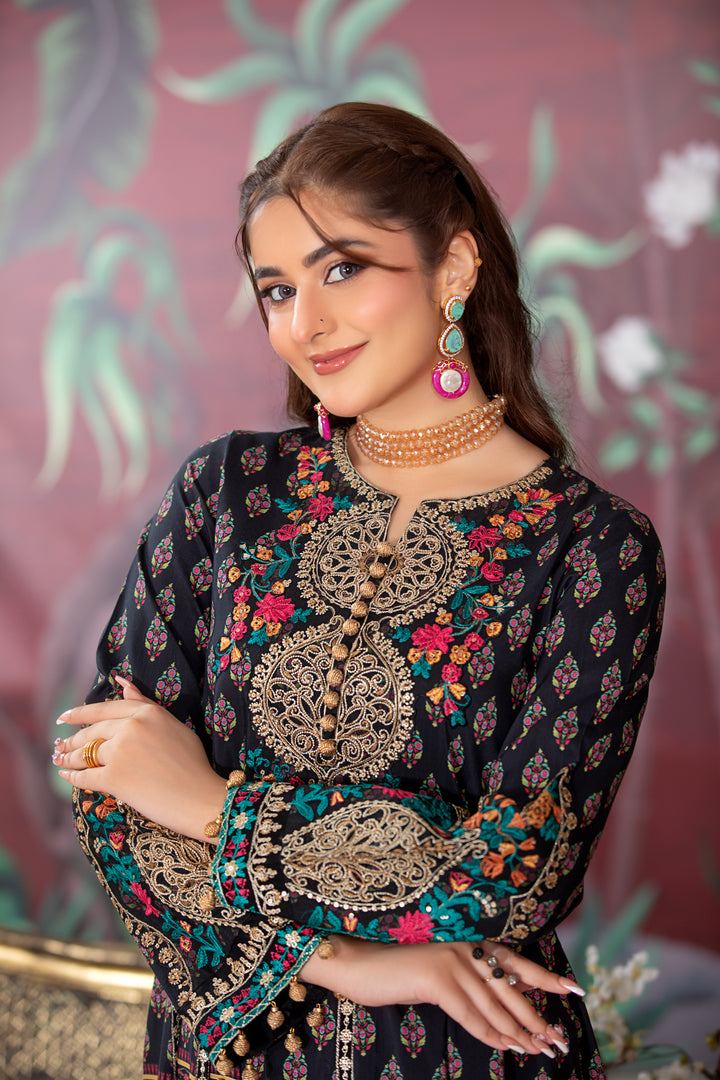 Blue and green Pakistani embroidered suit with red accents discounted Kameez Shalwar near me.
