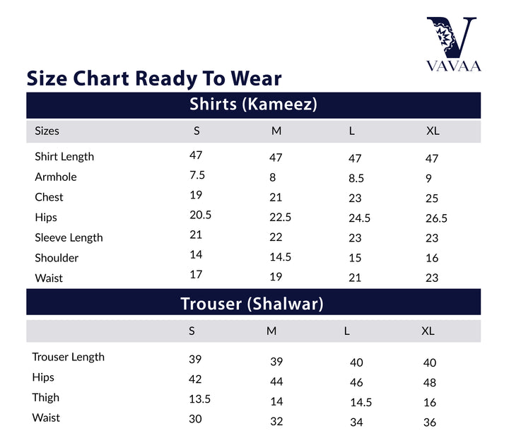 Size chart for shirts and trousers with VAVAA logo

