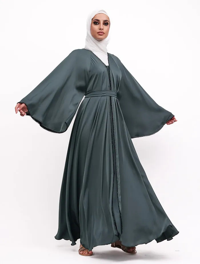 Modern Makeba Pearl Abaya near me in satin fabric with diamond-cut detailing and adjustable waist belt, available at Vavaa Outlet in the UK.