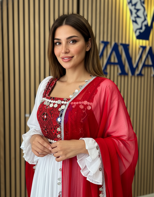 Afghan Kuchi Dress in Embroidered Red & White for Weddings, Gifts & More | Vavaa Clothing UK