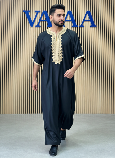 Moroccan Thobe for Men – Black with Golden Embroidery