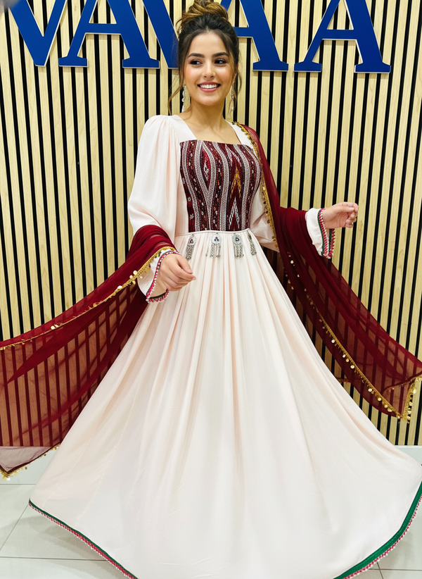Afghan Kuchi Dress in Embroidered Pink & Maroon | Vavaa Clothing UK