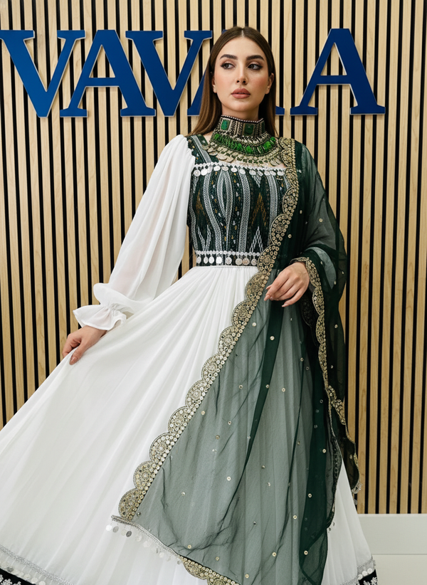 Afghan Kuchi White Dress with Green Embroidery | Vavaa UK