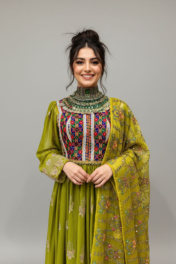 Afghan Kuchi Dress in Embroidered Green | Vavaa Clothing UK