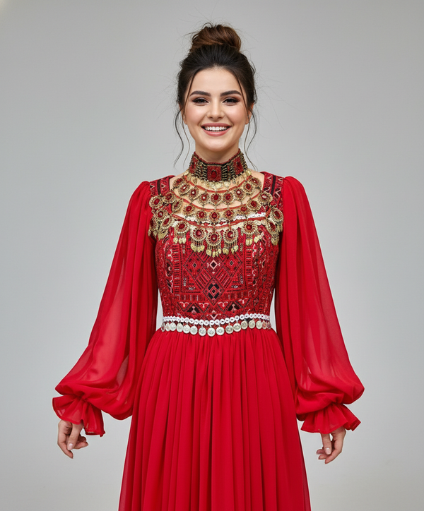 Afghan Kuchi Dress in Embroidered Red | Vavaa Clothing UK