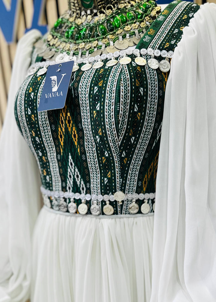 Afghan Kuchi Dress White And Green Embroidery - Handmade