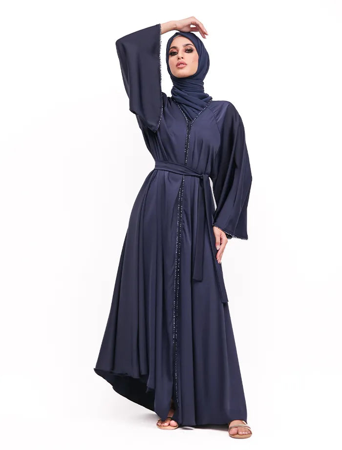 Modern Makeba Pearl Abaya near me  in satin fabric with diamond-cut detailing and adjustable waist belt, available at Vavaa Outlet in the UK.